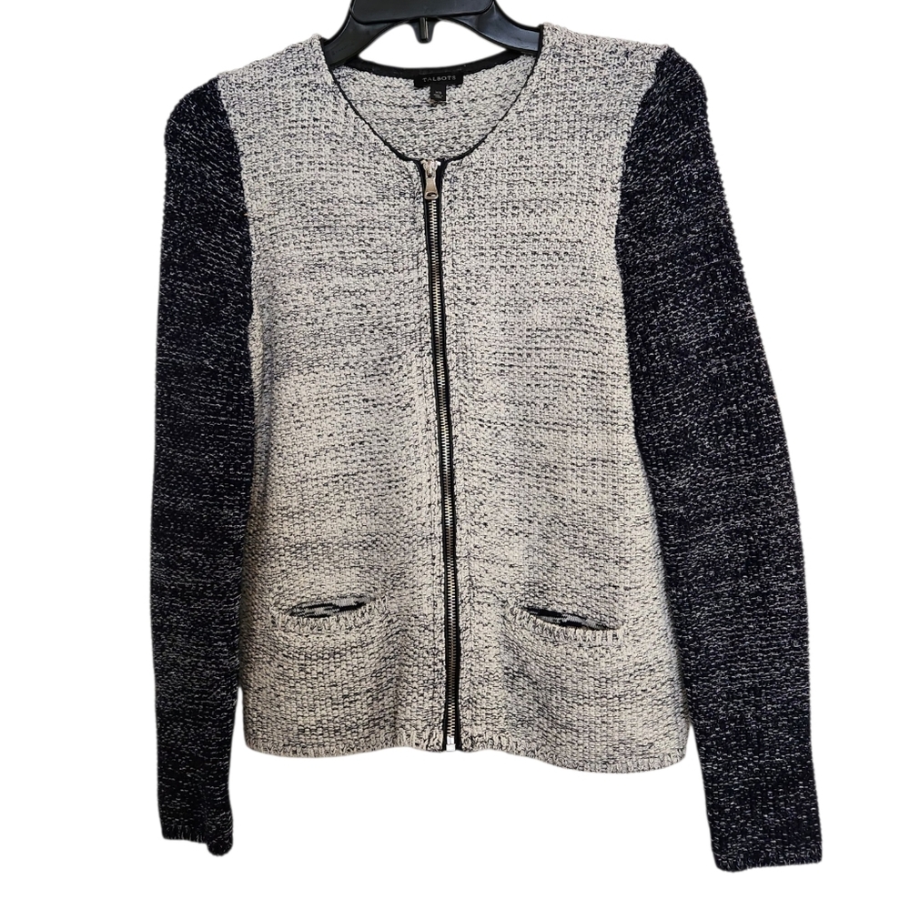 Talbots Womens  XS Cardigan Sweater Jacket Zip Up Gray Navy Metallic Pockets